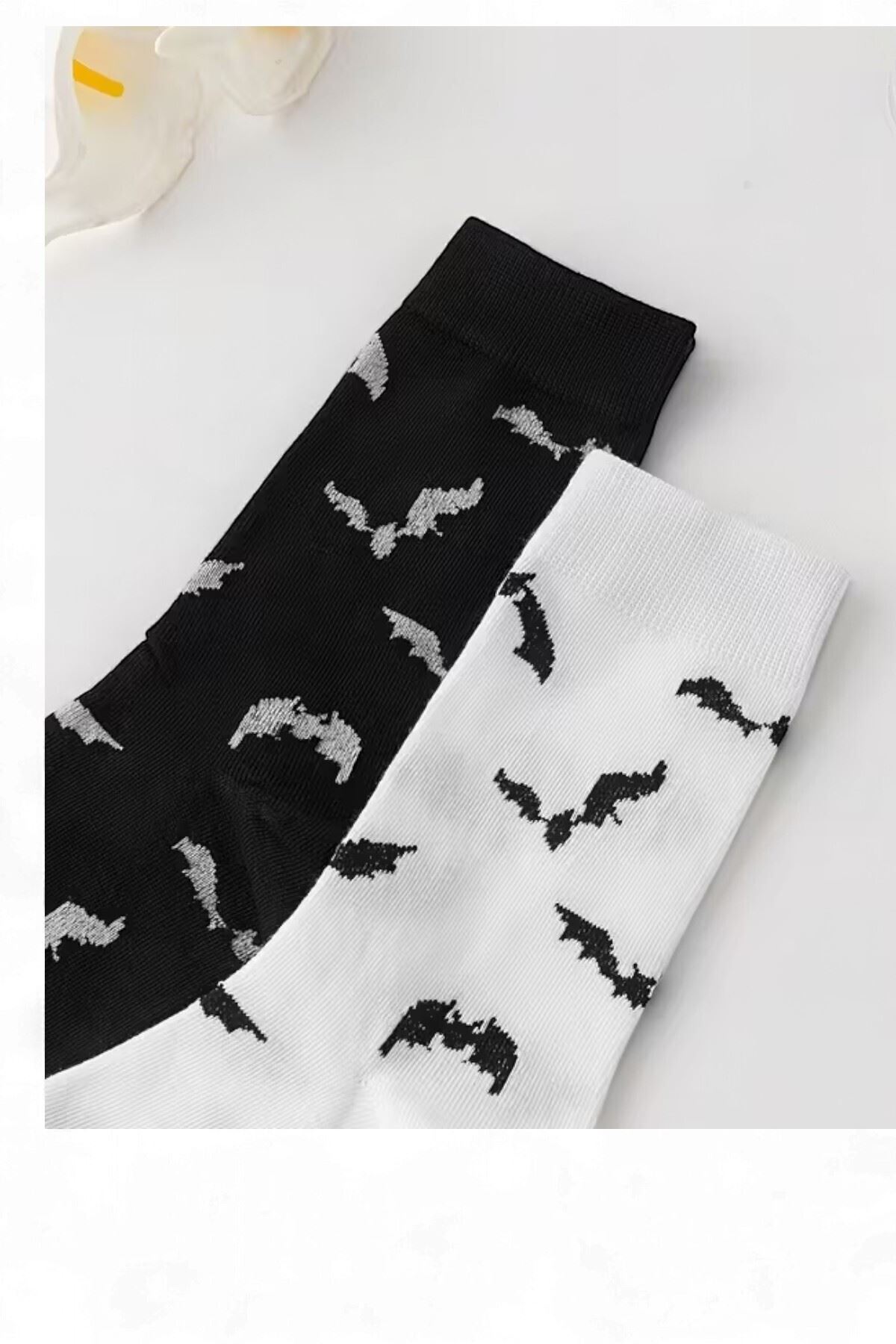 Unisex 4 Çift Halloween Örümcek ve Yarasa Desenli Cadılar Bayramı Temalı Soket Çorap