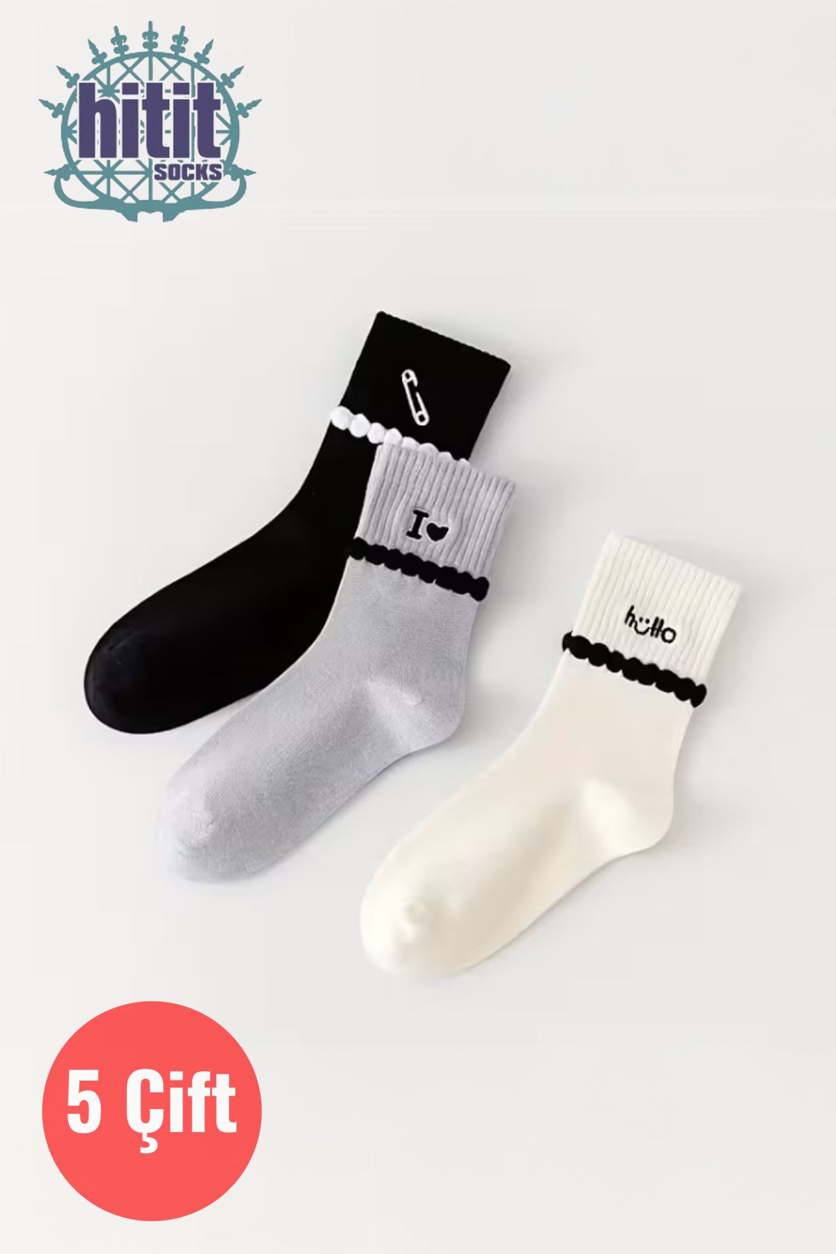 Kadın 5 Çift Premium Kalite Şerit Kabartmalı Ataç Hello Love Desenli Kolej Çorap