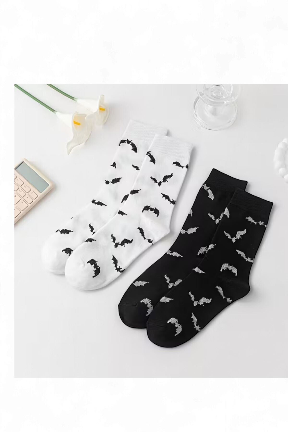 Unisex 4 Çift Halloween Örümcek ve Yarasa Desenli Cadılar Bayramı Temalı Soket Çorap