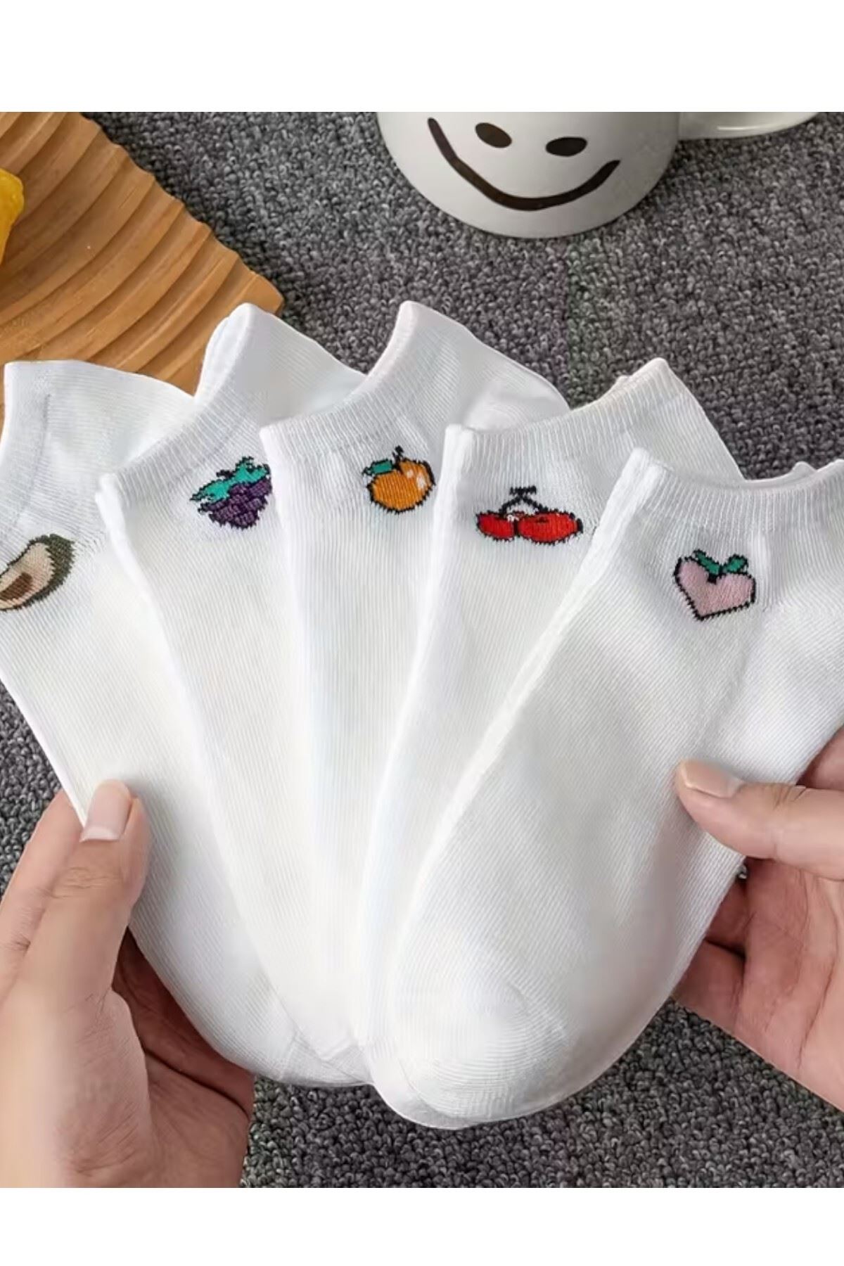 Kadın 5 Çift Renkli Meyve Desenli Günlük Premium Kalite Bilek Boy Kısa Patik Çorabı