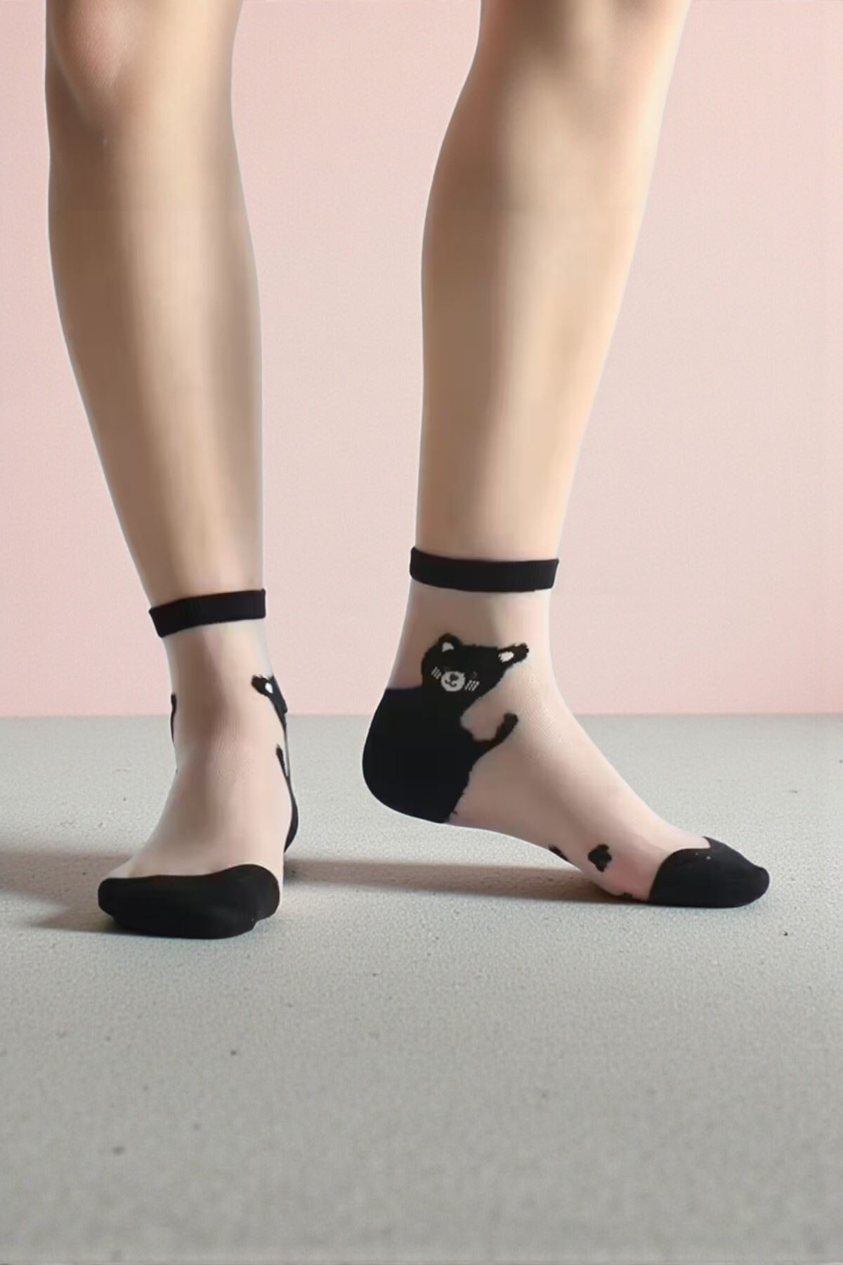 Kadın 3 Çift Premium Kalite Sevimli Kedi Desenli Tül Çorap Karışık Renkli