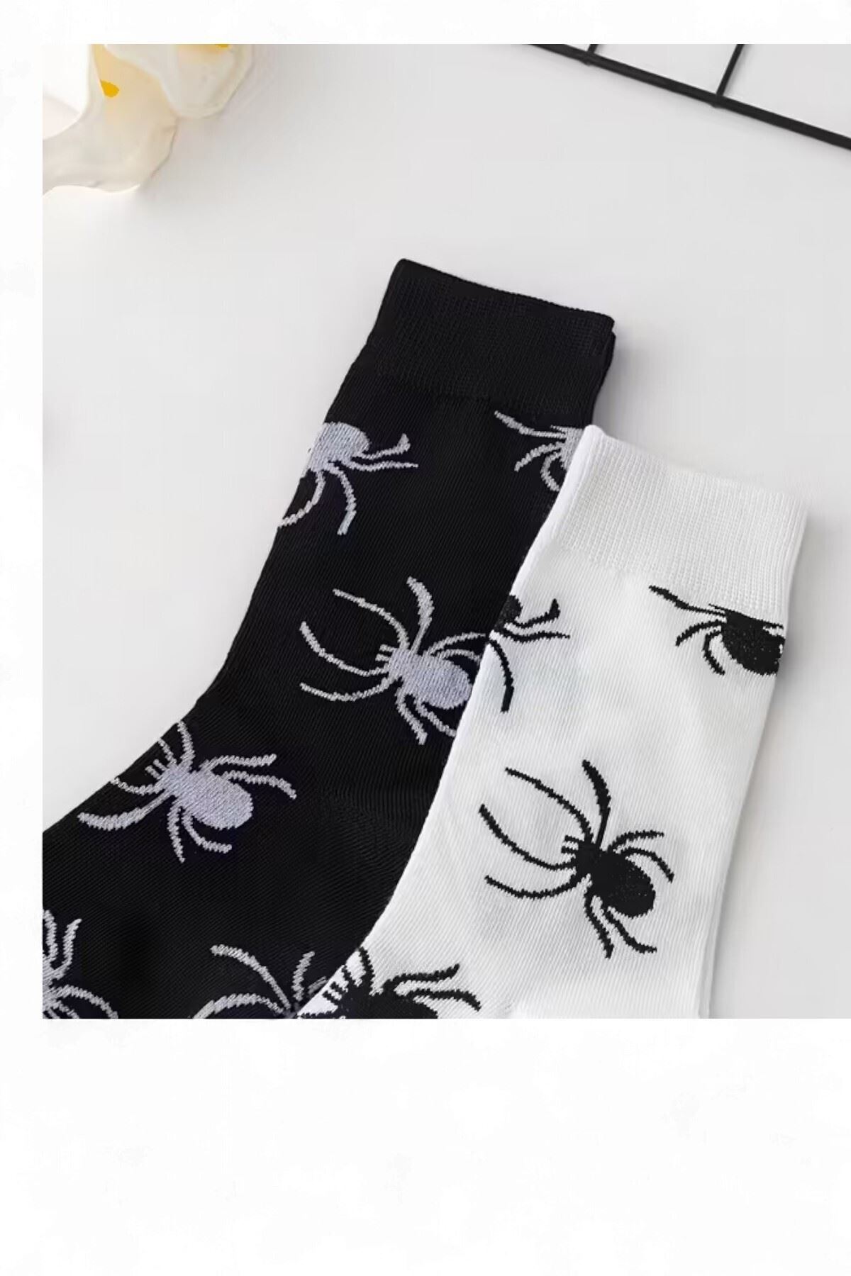 Unisex 4 Çift Halloween Örümcek ve Yarasa Desenli Cadılar Bayramı Temalı Soket Çorap