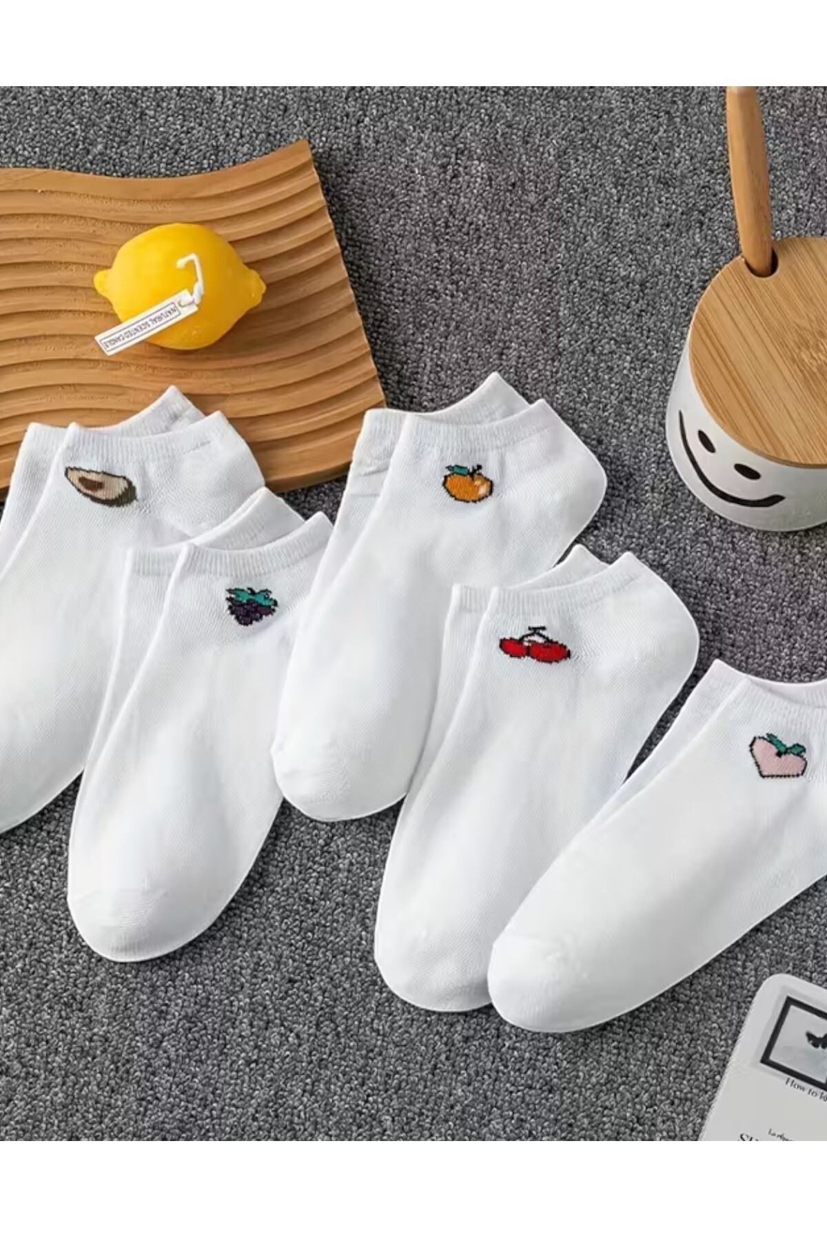Kadın 5 Çift Renkli Meyve Desenli Günlük Premium Kalite Bilek Boy Kısa Patik Çorabı