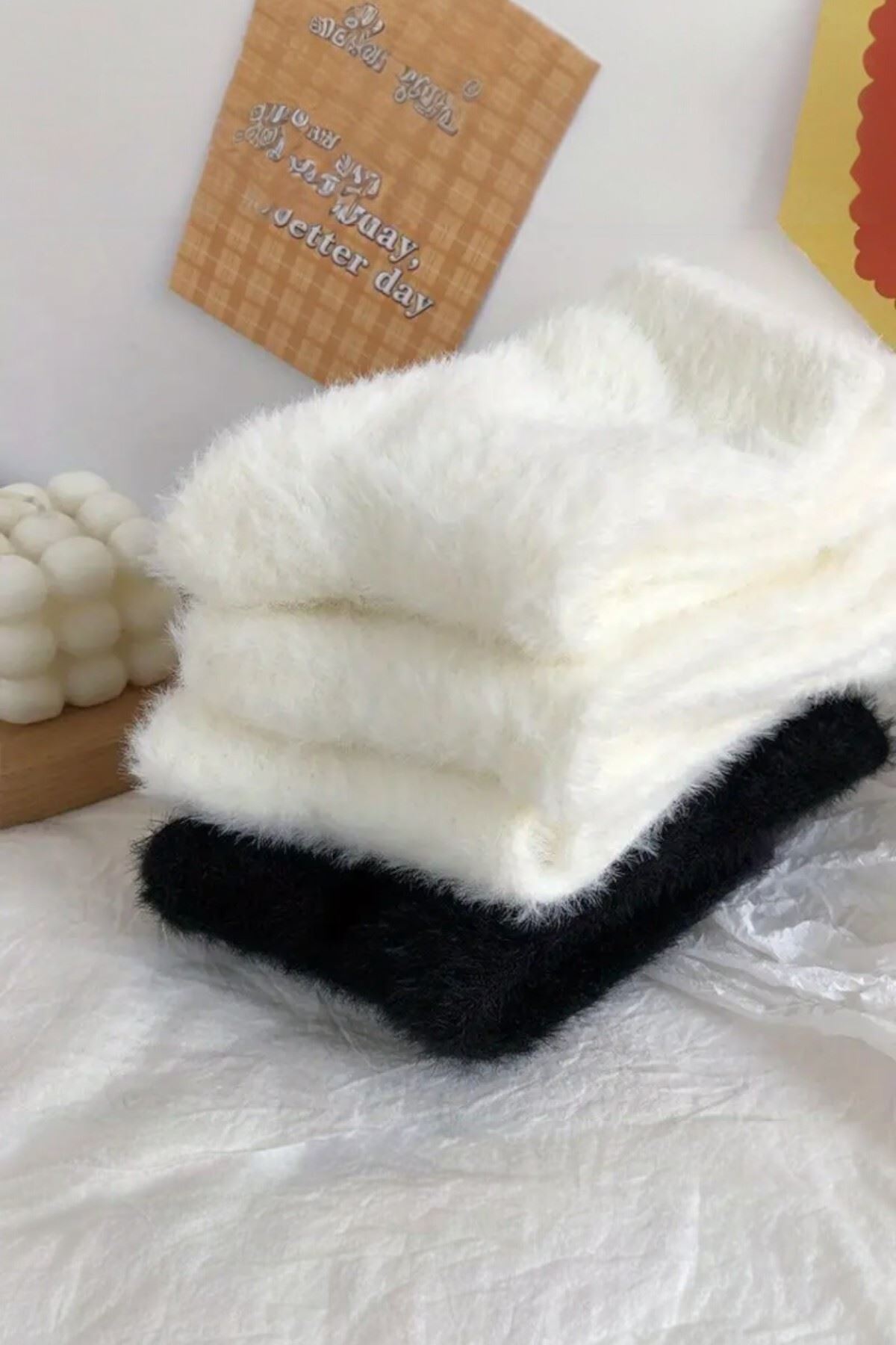 Kadın 2 Çift Peluş Kışlık Termal Uyku Çorabı Siyah Beyaz