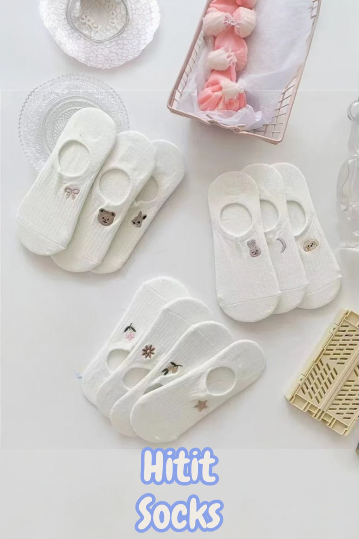 Kadın 10 Çift Premium Çiçek ve Hayvan Desenli Görünmez Babet Çorap Şeker Beyazı