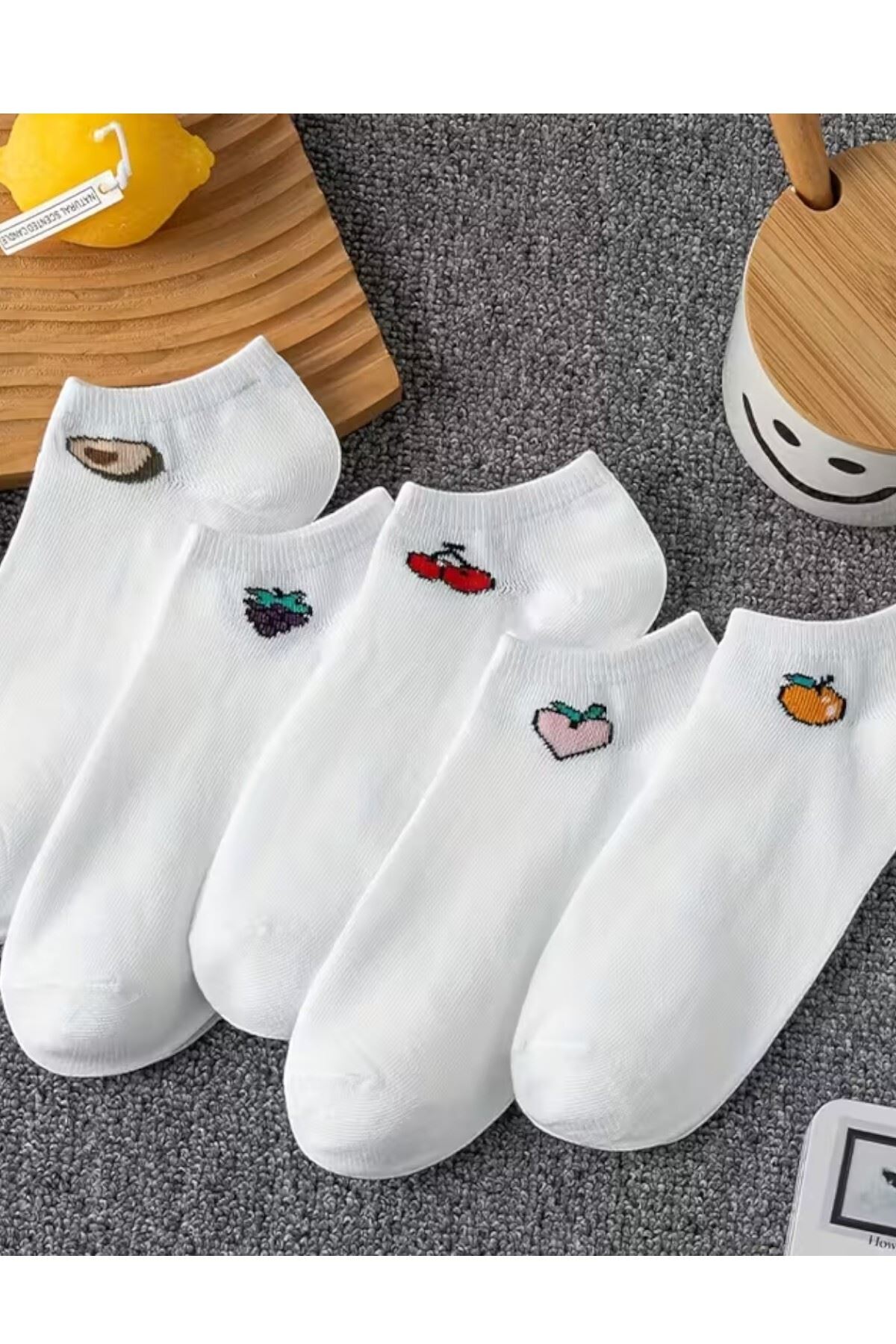 Kadın 5 Çift Renkli Meyve Desenli Günlük Premium Kalite Bilek Boy Kısa Patik Çorabı