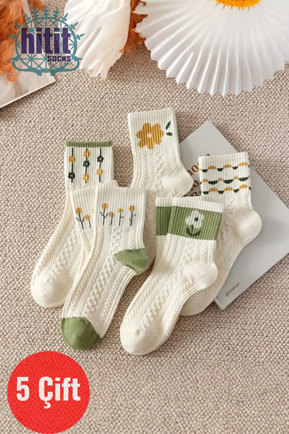 Kadın 5 Çift Premium Kalite Yeşil Çiçek Desenli Soket Çorap