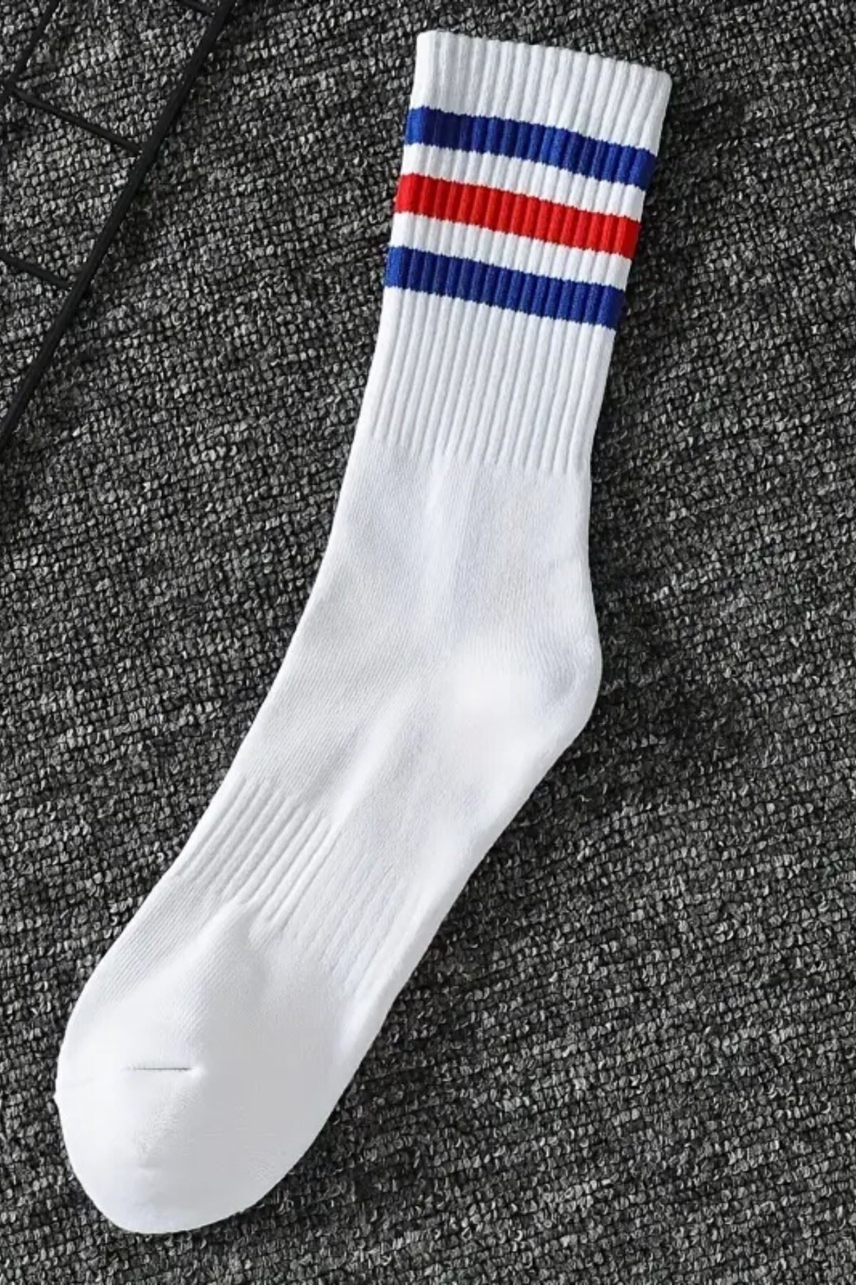 Unisex 3 Çift Premium Kalite Yüksek Pamuklu Kolej Çorap Mavi Kırmızı Çizgili