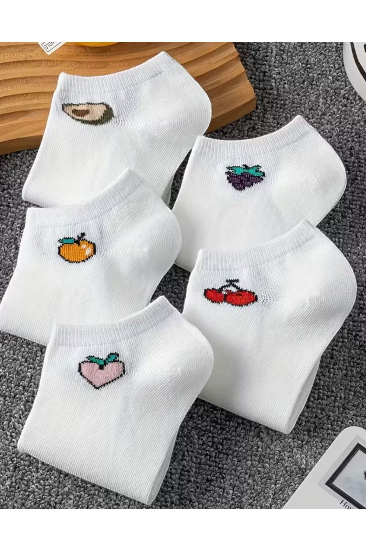 Kadın 5 Çift Renkli Meyve Desenli Günlük Premium Kalite Bilek Boy Kısa Patik Çorabı