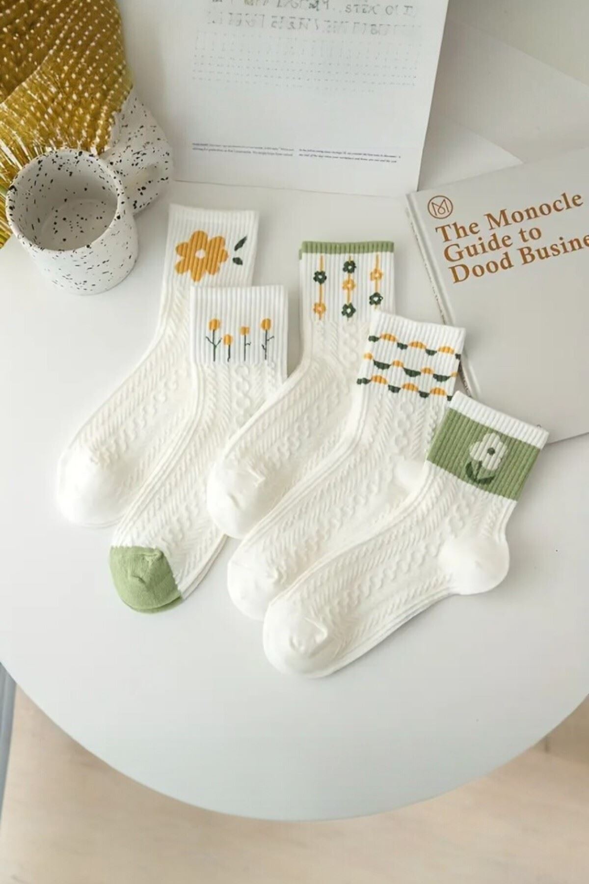 Kadın 5 Çift Premium Kalite Yeşil Çiçek Desenli Soket Çorap