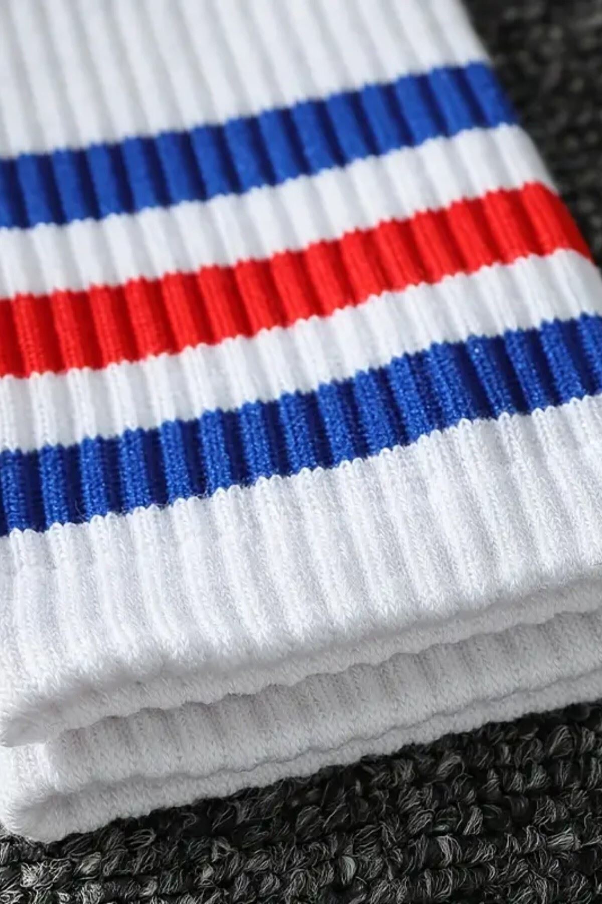 Unisex 3 Çift Premium Kalite Yüksek Pamuklu Kolej Çorap Mavi Kırmızı Çizgili