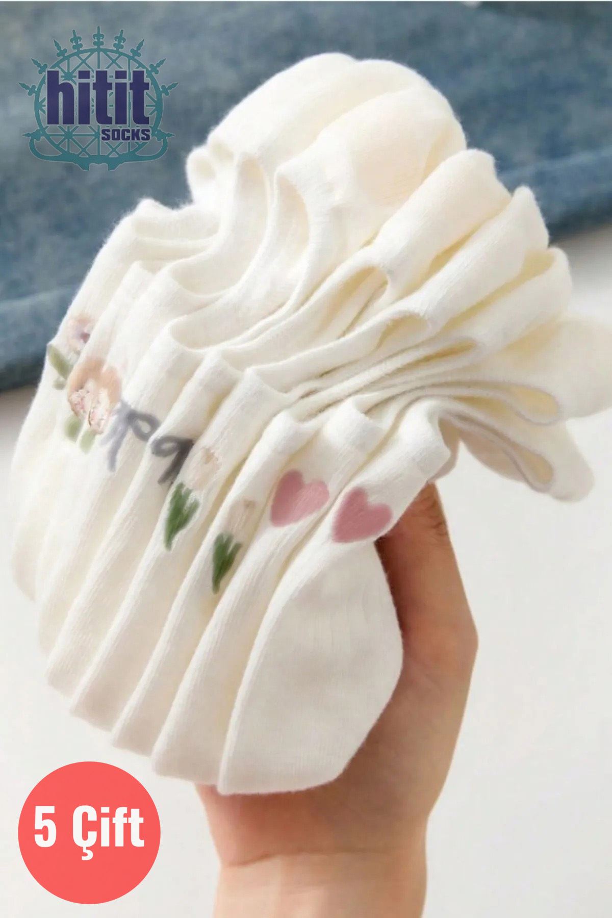 Kadın 5 Çift Premium Fiyonk Çiçek ve Kalp Desenli Babet Çorap Seker Beyazı