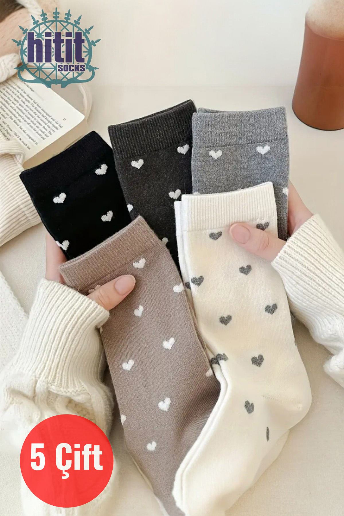 Kadın 5 Çift Premium Kalite Kalpli Tenis Çorap Çok Renkli