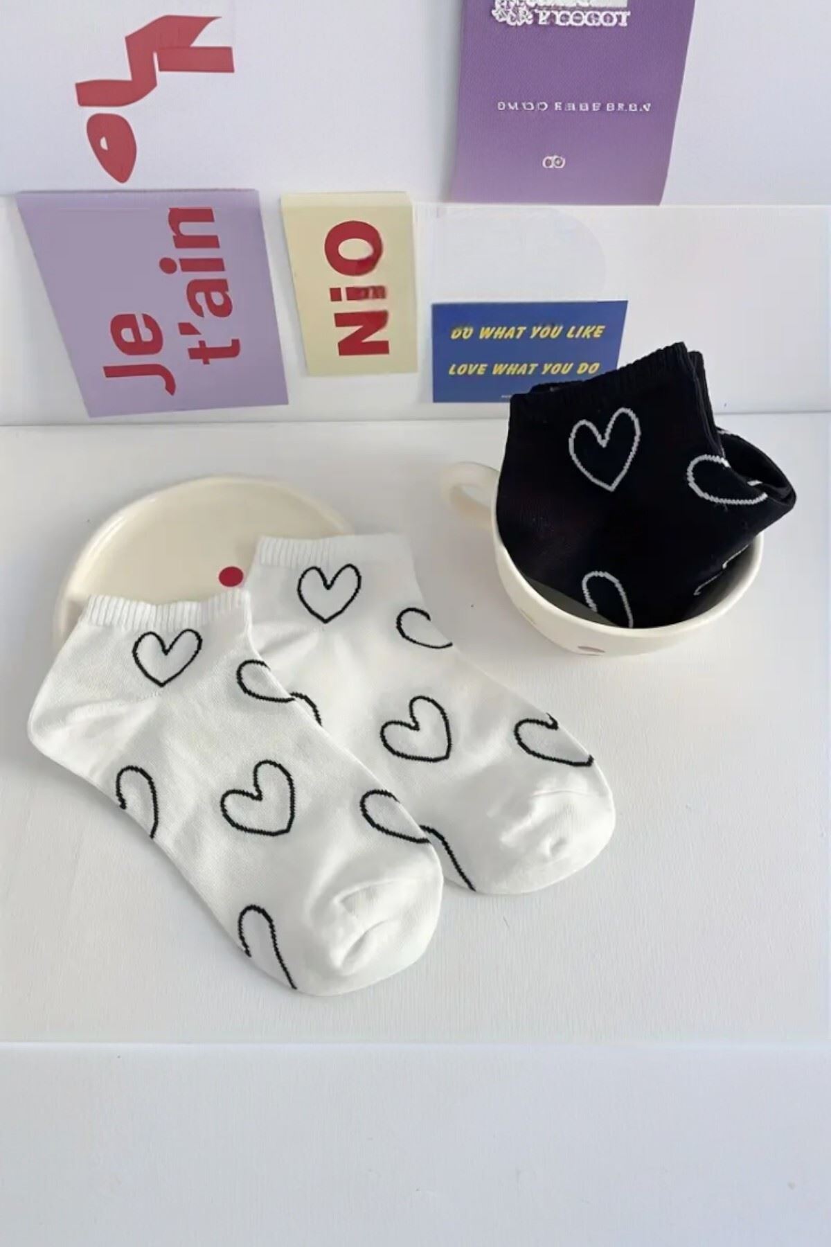 Kadın 4 Çift Premium Kalite Kalp Desenli Patik Çorap Çok Renkli