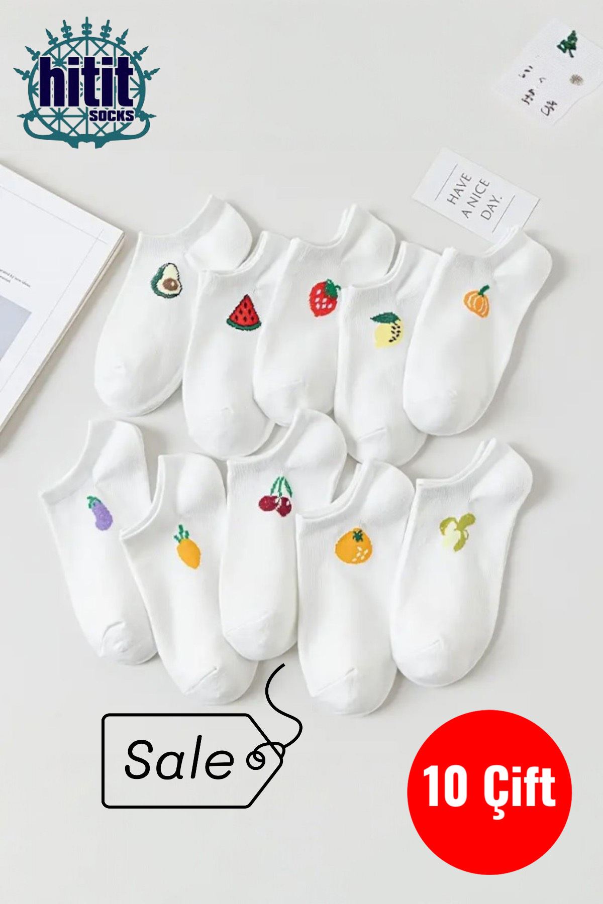 Kadın 10 Çift Premium Kalite Pamuklu Meyve Desenli Babet Çorap
