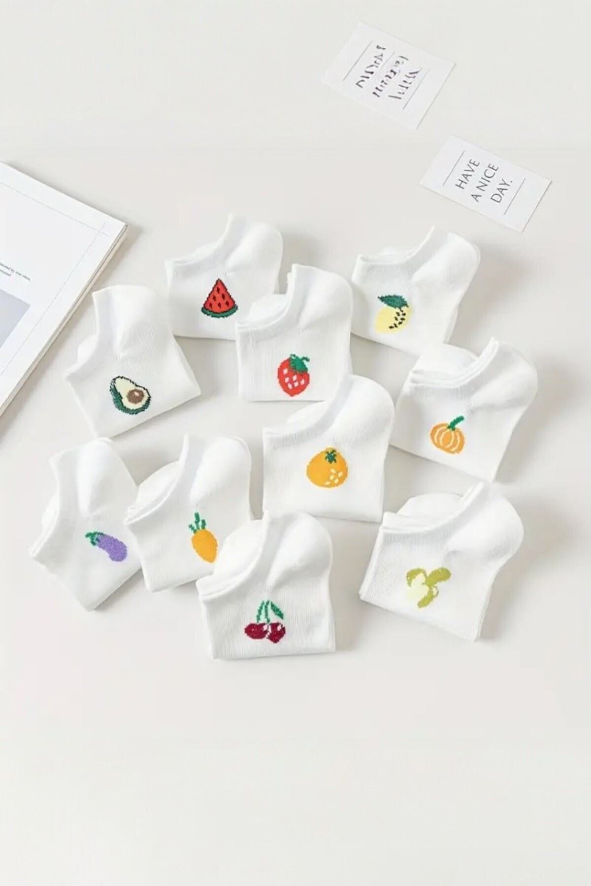 Kadın 10 Çift Premium Kalite Pamuklu Meyve Desenli Babet Çorap