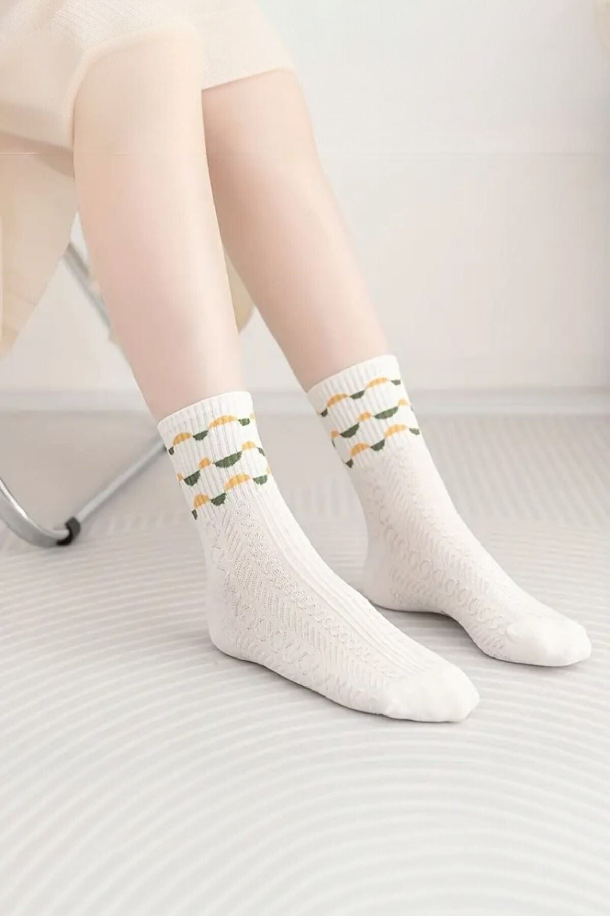 Kadın 5 Çift Premium Kalite Yeşil Çiçek Desenli Soket Çorap