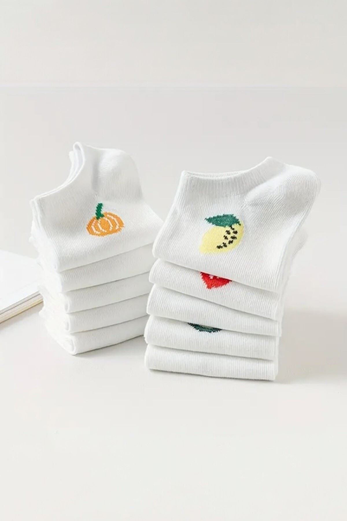 Kadın 10 Çift Premium Kalite Pamuklu Meyve Desenli Babet Çorap