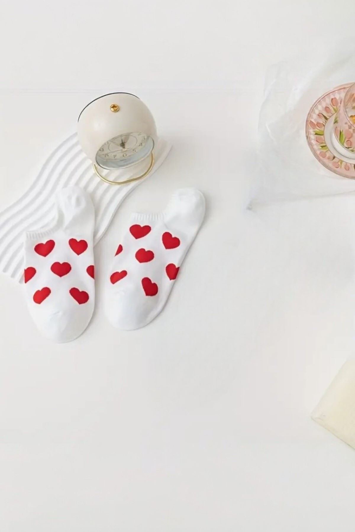 Kadın 5 Çift Premium Kalite Mini Kalp Desenli Görünmez Çorap