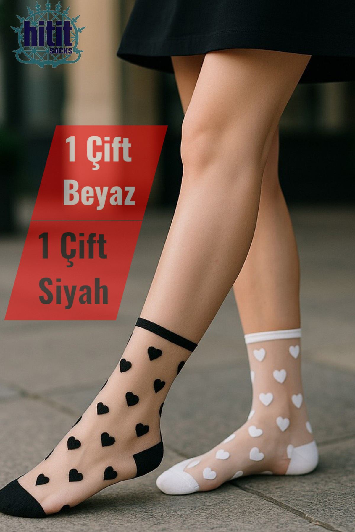 Kadın 2 Çift Premium Kalite Mini Kalp Desenli Tül Çorap Siyah Beyaz