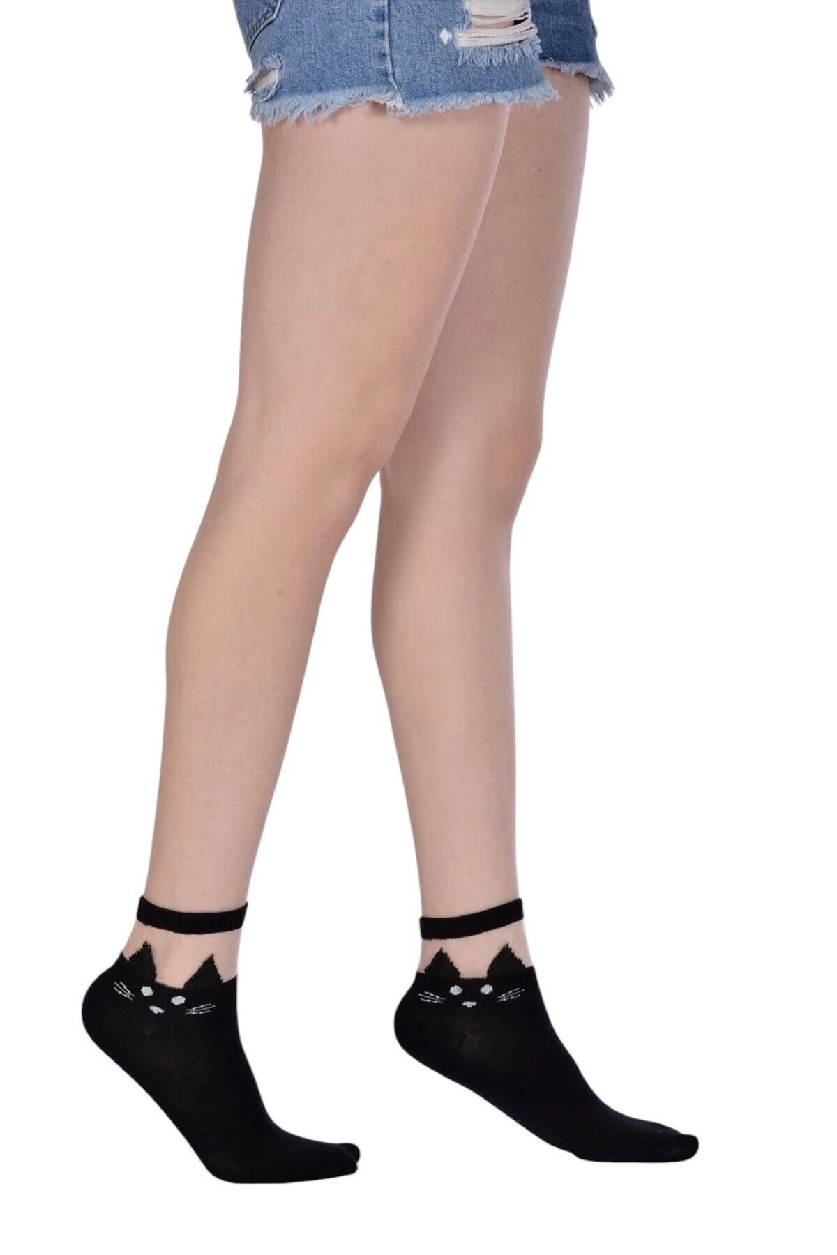 Kadın 4 Çift Premium Kalite Kedili Tül Patik Çorap