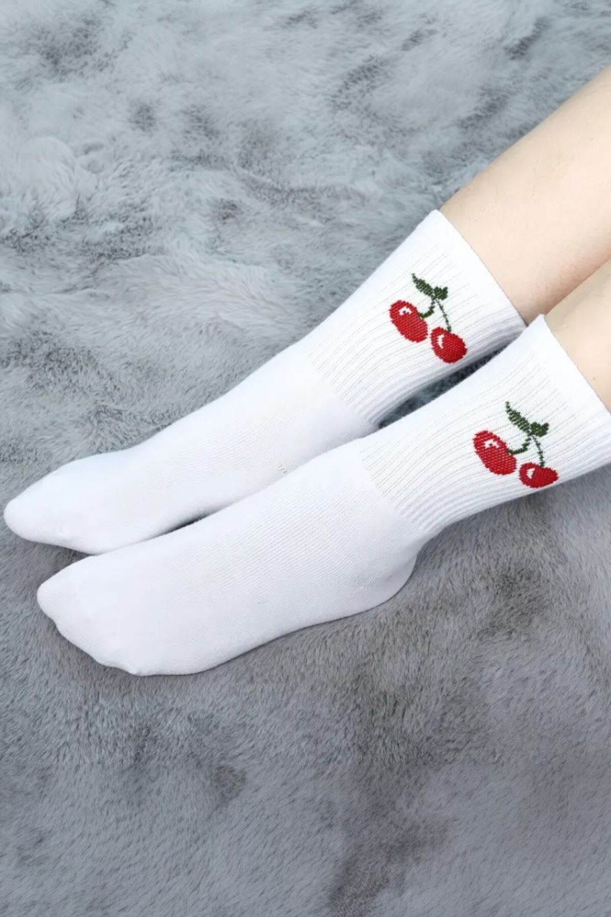 Kadın 6 Çift Premium Kalite Renkli Çizgili ve Meyve Desenli Nefes Alabilen Tenis Çorabı