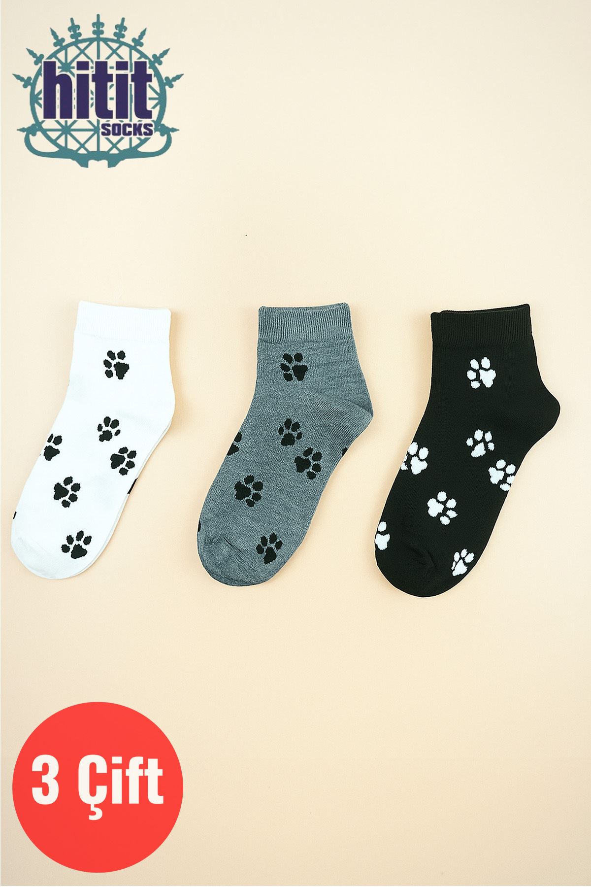 Unisex 3 Çift Premium Kalite Pati Desenli Patik Çorap Çok Renkli