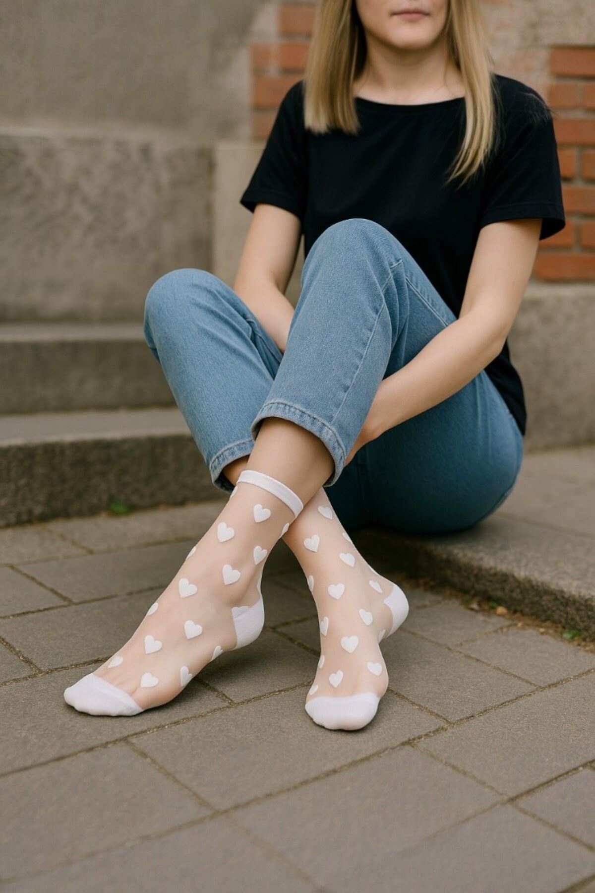 Kadın 2 Çift Premium Kalite Mini Kalp Desenli Tül Çorap Siyah Beyaz