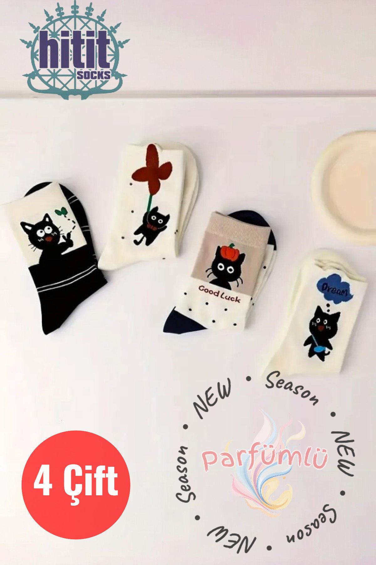 Kadın 4 Çift Premium Kalite Parfümlü Kedi Figürlü Soket Çorap 4 Mevsim