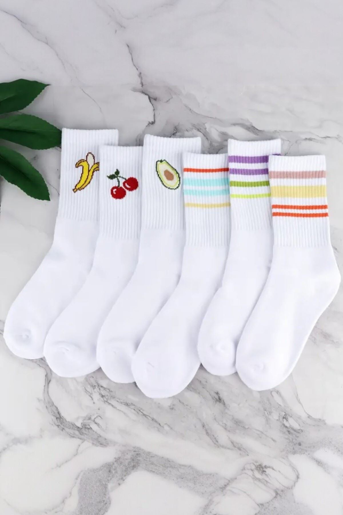 Kadın 6 Çift Premium Kalite Renkli Çizgili ve Meyve Desenli Nefes Alabilen Tenis Çorabı