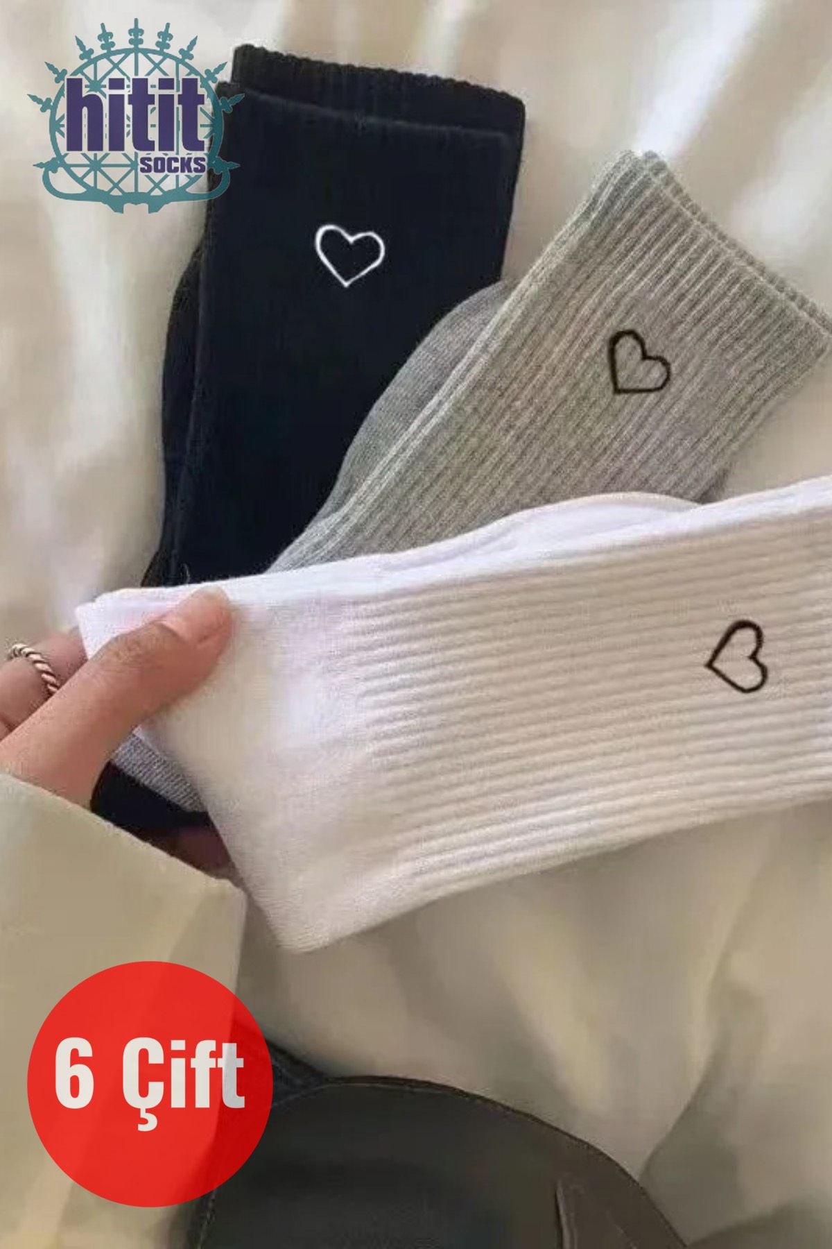 Kadın 6 Çift Premium Kalite Kalp Detaylı Tenis Çorap Siyah Beyaz Gri