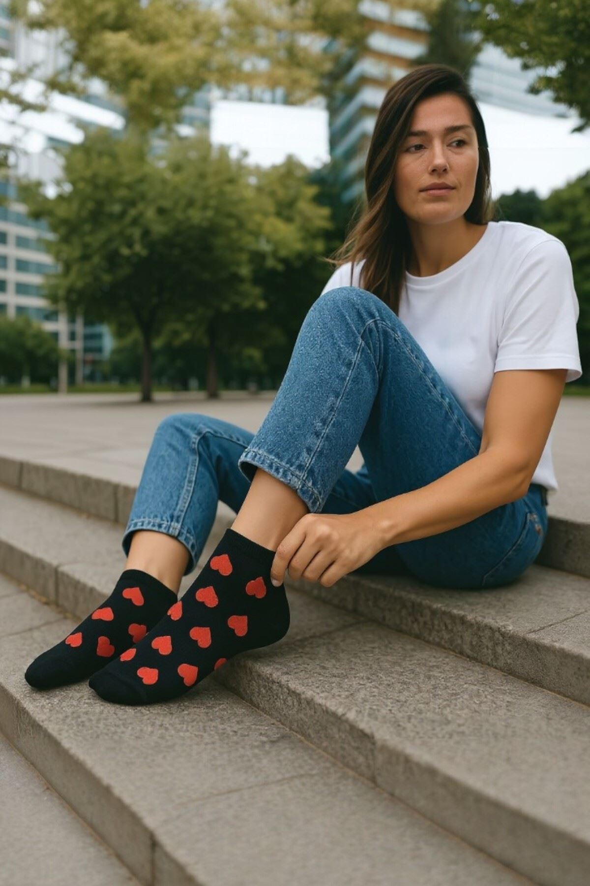 Kadın 5 Çift Premium Kalite Mini Kalp Desenli Görünmez Çorap Siyah