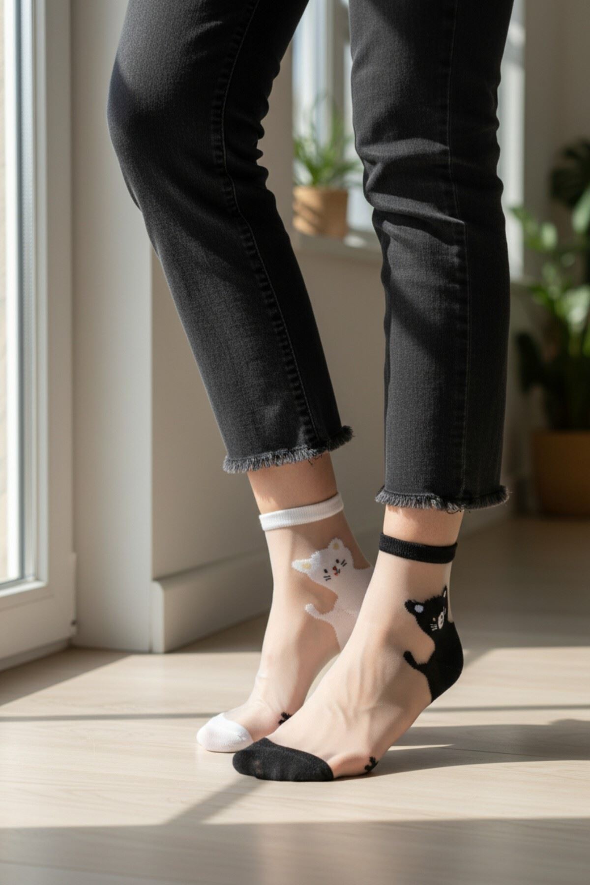 Kadın 3 Çift Premium Kalite Sevimli Kedi Desenli Tül Çorap Karışık Renkli