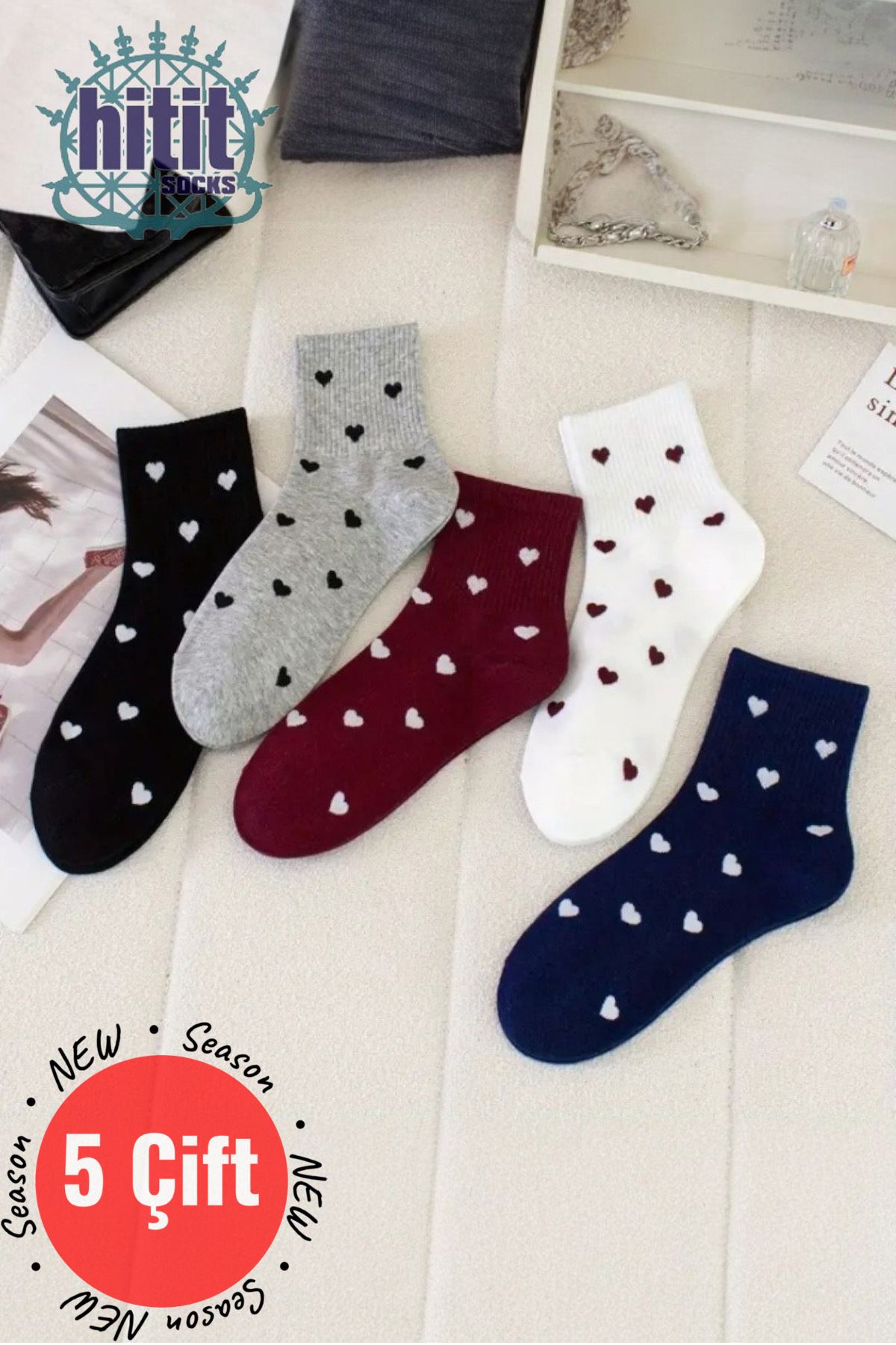 Kadın 5 Çift Premium Kalite Minimal Kalp Desenli Kısa Kolej Çorap Çok Renkli