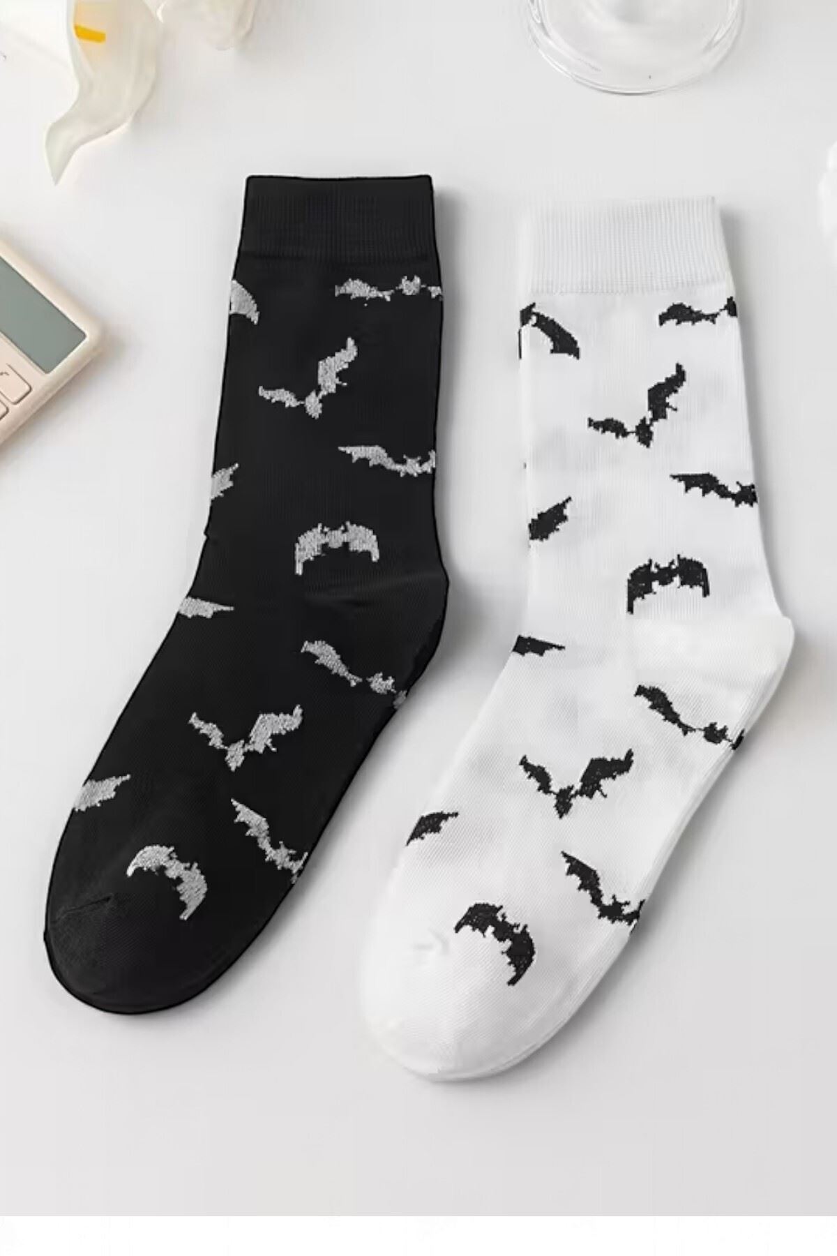 Unisex 4 Çift Halloween Örümcek ve Yarasa Desenli Cadılar Bayramı Temalı Soket Çorap