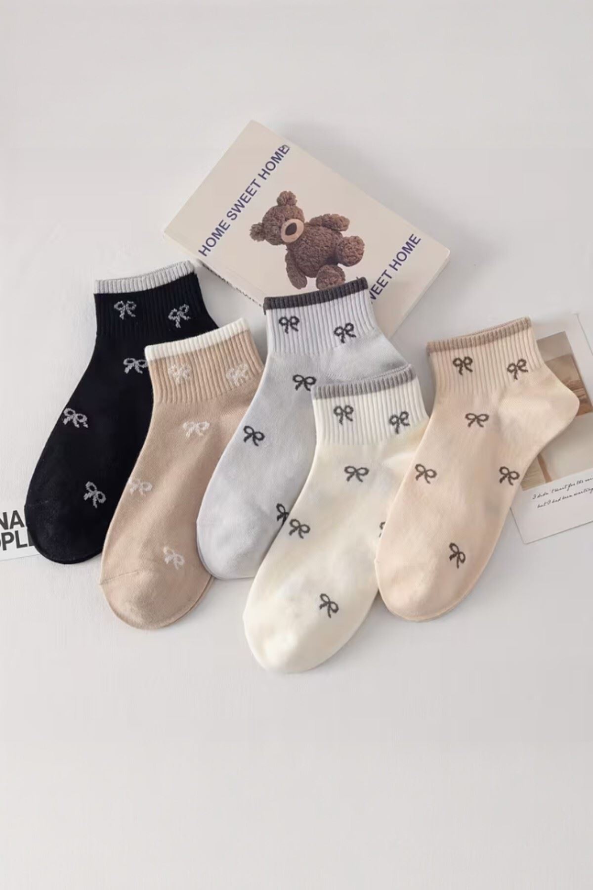 Kadın 5 Çift Premium Kalite Mini Kurdale Desenli Sevimli Kısa Kolej Ayak Bileği Çorabı
