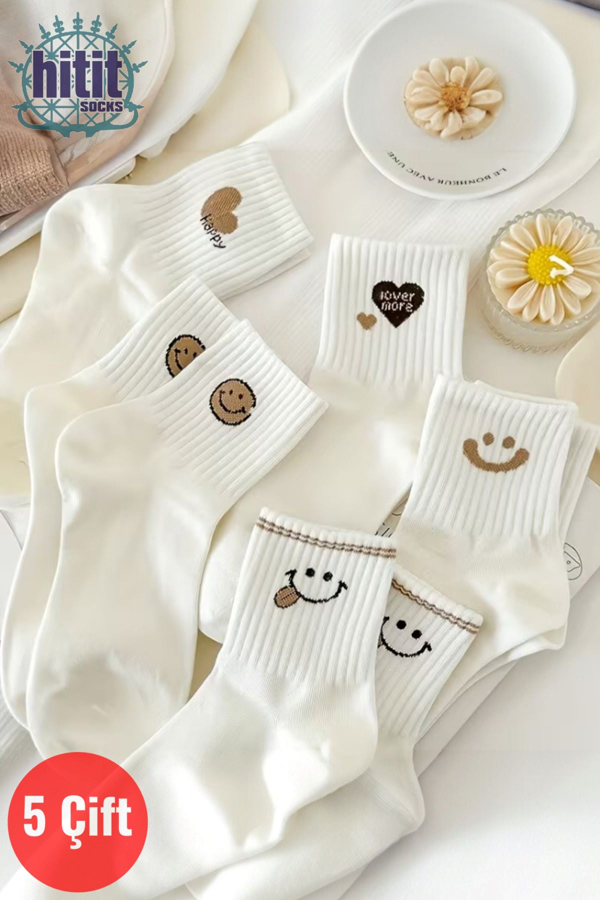 Hitit Socks Kadın 5 Çift Premium Kalite Gülen Surat ve Kalp Desenli Kısa Soket Çorap