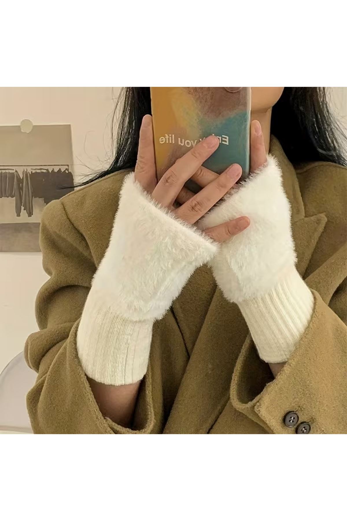 Kadın 1 Çift Kışlık Parmaksız Termal Esnek Polarlı Peluş Eldiven