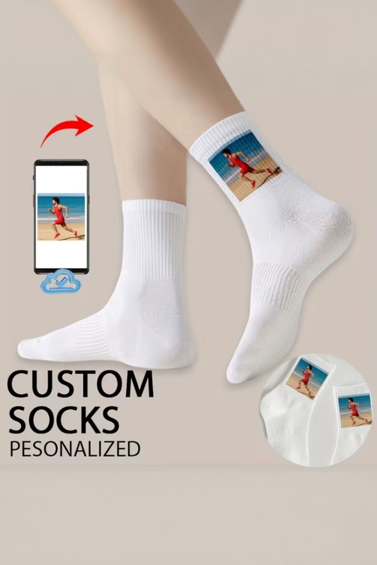 Hitit Socks Kişiye Özel Fotoğraf Baskılı ve Yazılı 1 Çift Uzun Kolej Çorap Beyaz