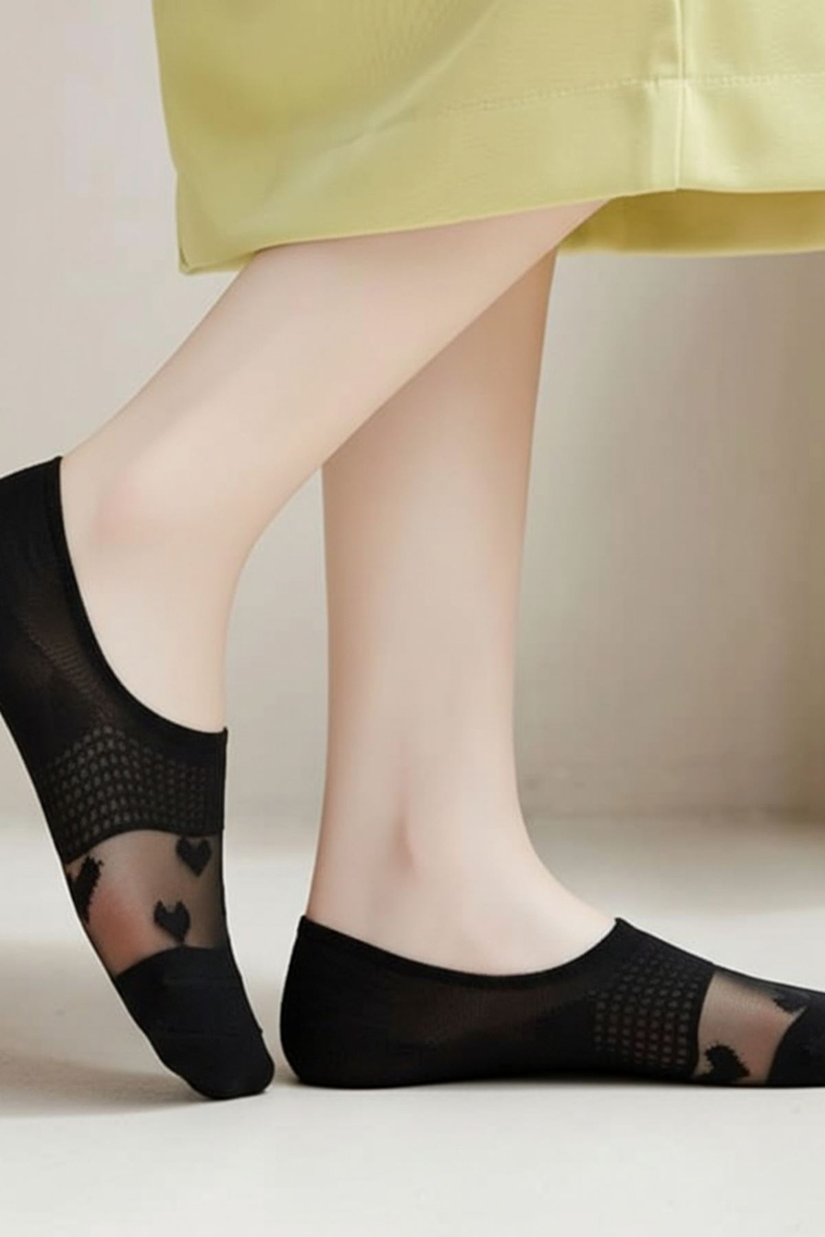 Hitit Socks Kadın 5 Çift Premium Kalite Kalp ve Çiçek Desenli Şeffaf Tül Çorap Siyah