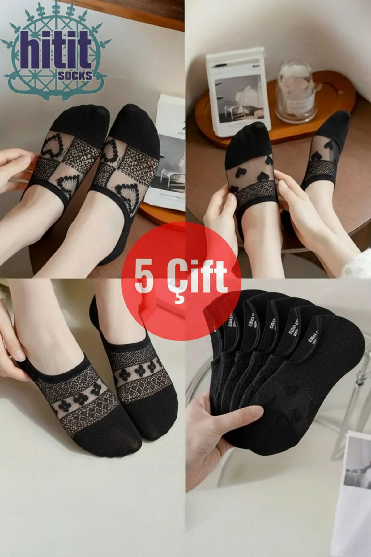 Hitit Socks Kadın 5 Çift Premium Kalite Kalp ve Çiçek Desenli Şeffaf Tül Çorap Siyah