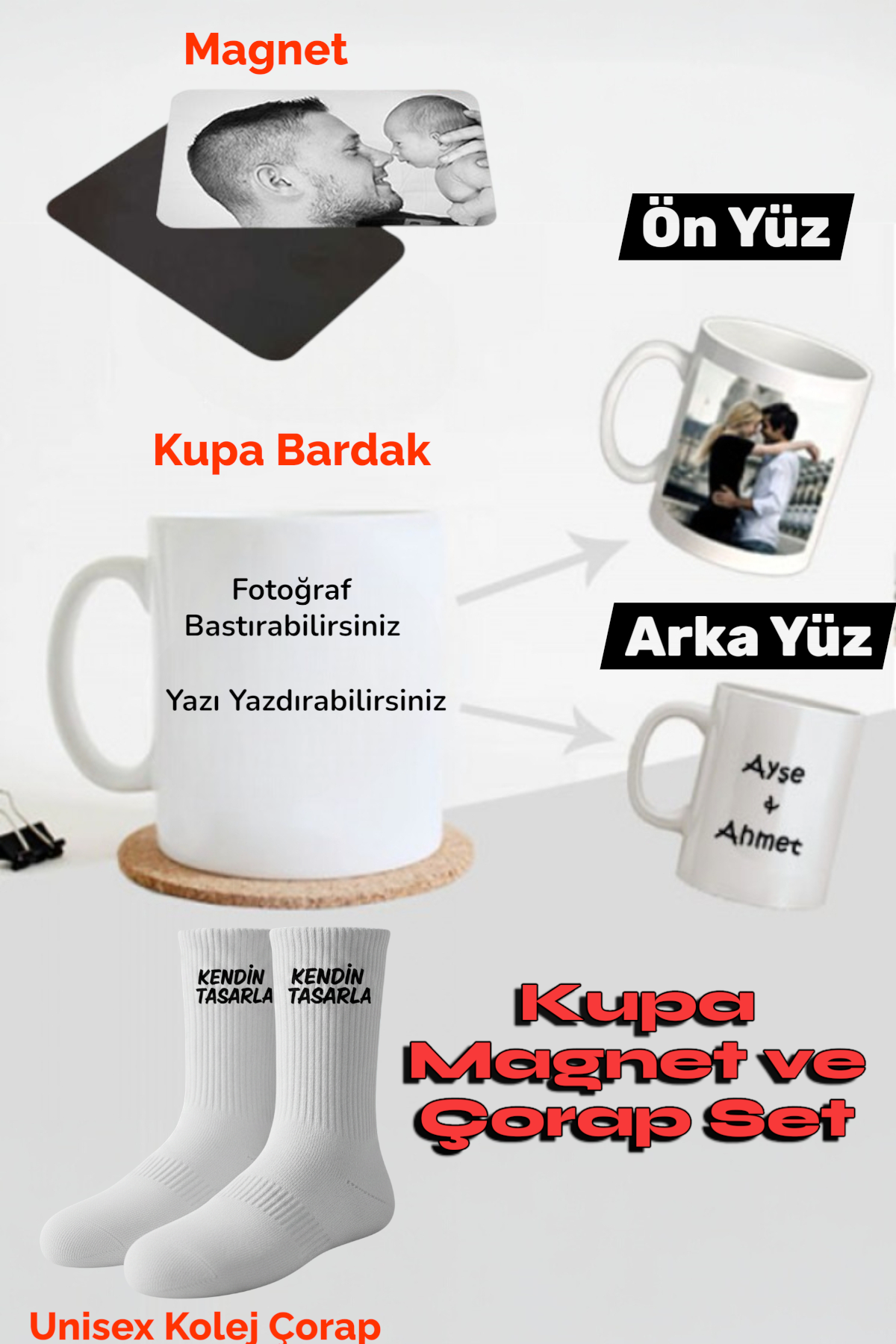Hitit Socks Kişiye Özel fotoğraf ve Yazı Baskılı Kupa Magnet ve Çorap Seti 
