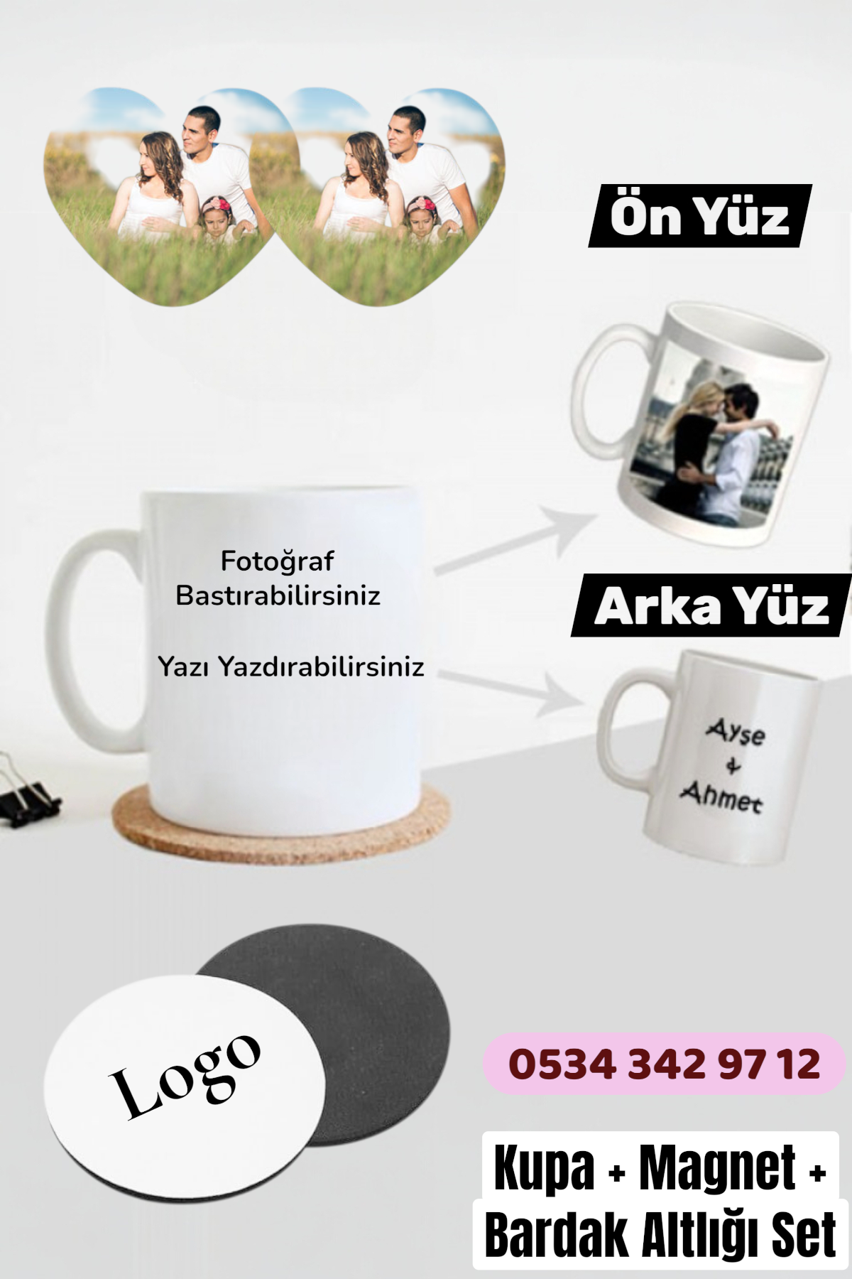 Hitit Socks Kişiye Özel Fotoğraf ve Yazı Baskılı Kupa Magnet ve Bardak Altlığı Seti