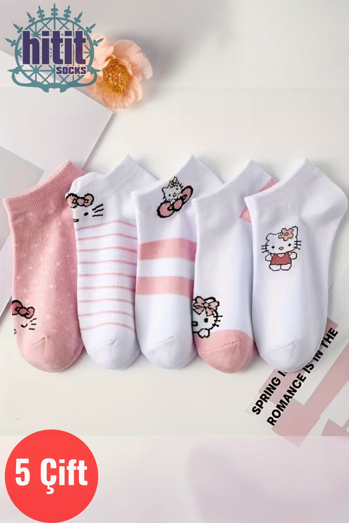 Hitit Socks Kadın 5 Çift Günlük Kullanıma Uygun Sevimli Kedi Desenli Kısa Patik Çorap Pembe