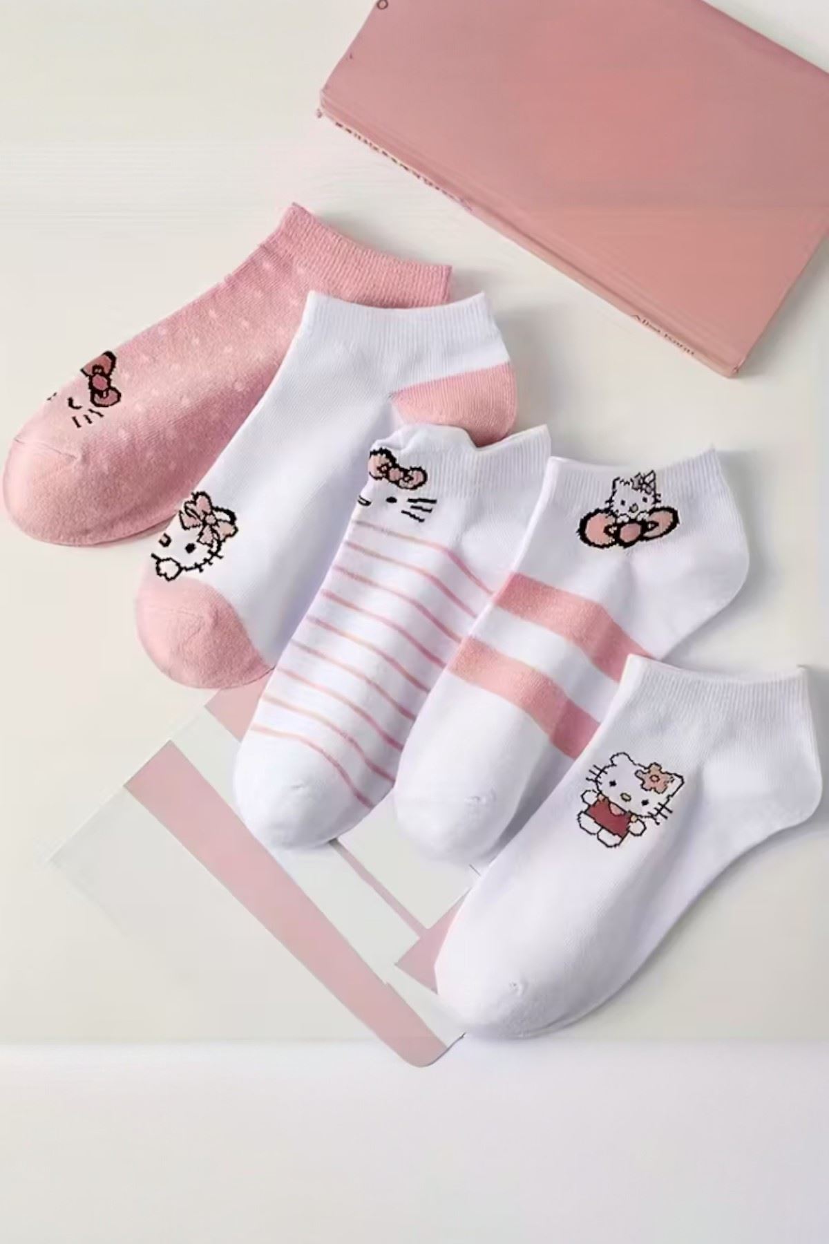 Hitit Socks Kadın 5 Çift Günlük Kullanıma Uygun Sevimli Kedi Desenli Kısa Patik Çorap Pembe