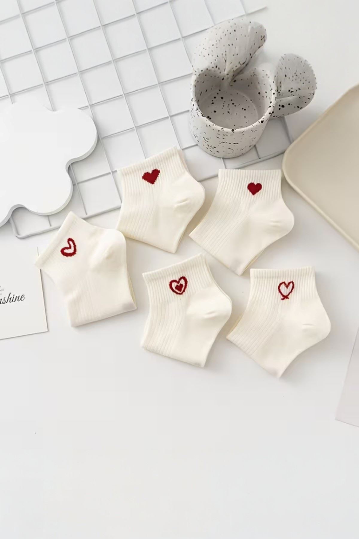 Hitit Socks Kadın 5 Çift Kalp Desenli Kısa Patik Çorap Ekru