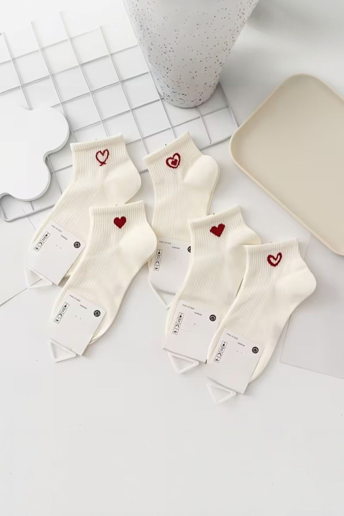 Hitit Socks Kadın 5 Çift Kalp Desenli Kısa Patik Çorap Ekru