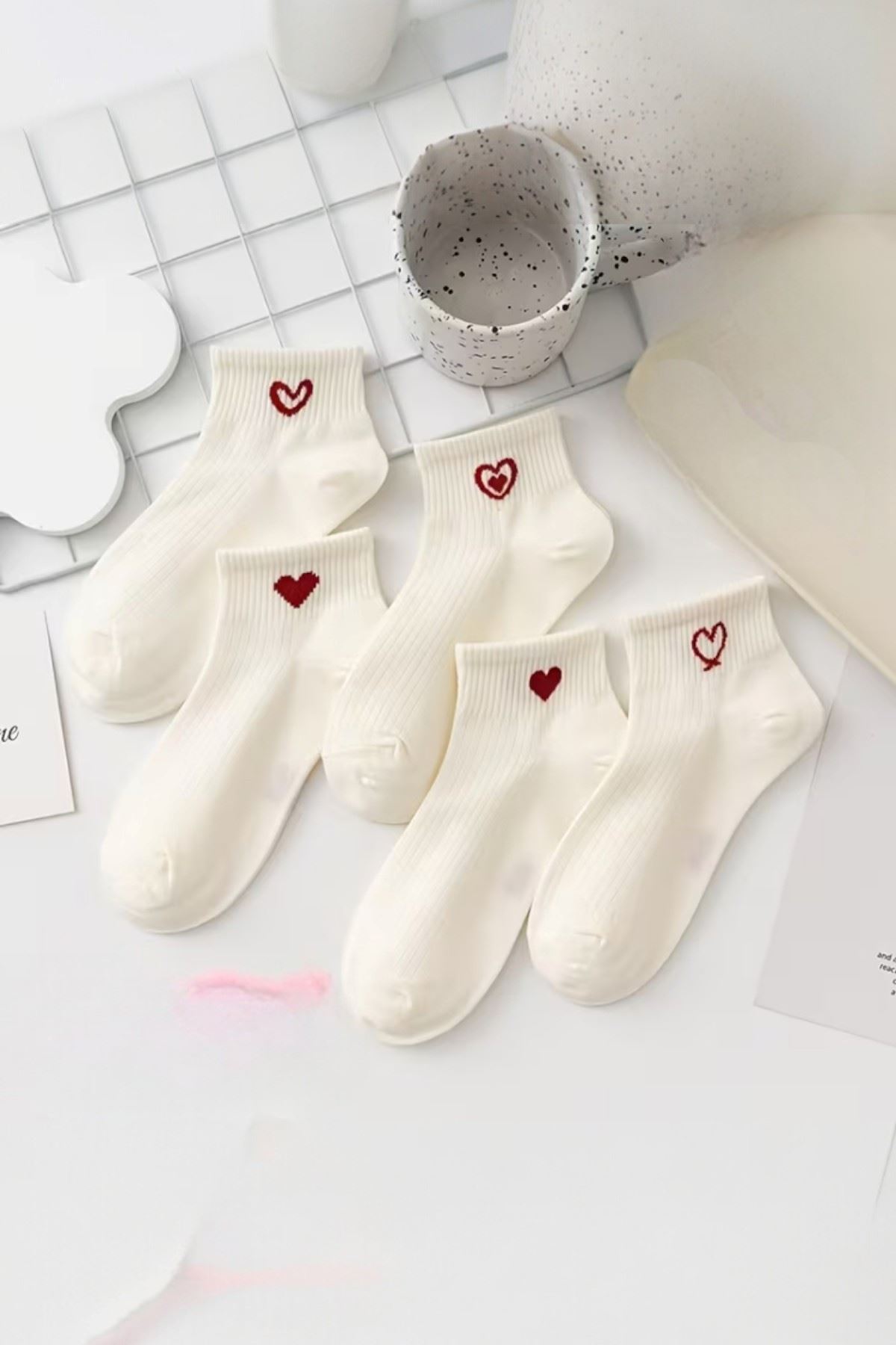 Hitit Socks Kadın 5 Çift Kalp Desenli Kısa Patik Çorap Ekru