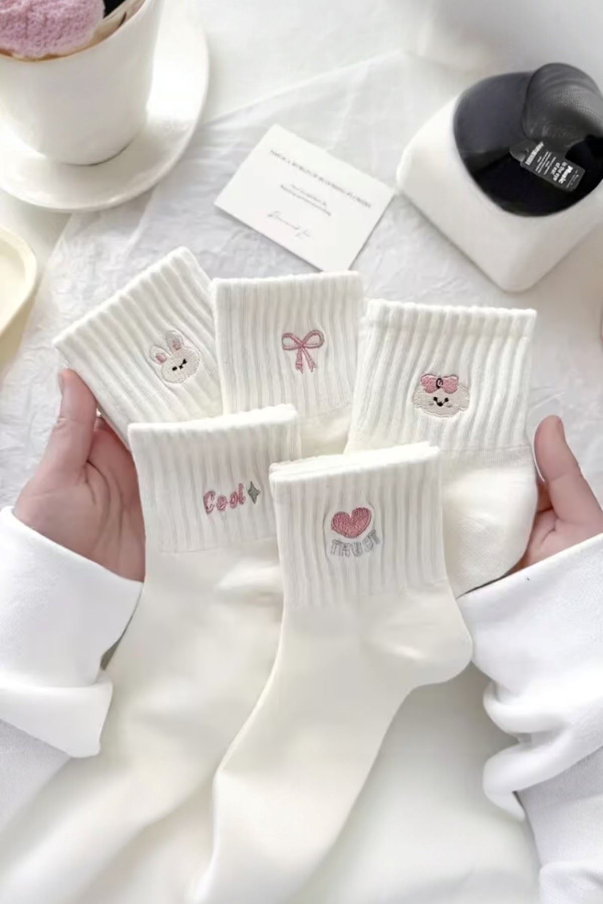 Hitit Socks Kadın 5 Çift Premium Desenli Sevimli Hayvan ve Fiyonklu Kısa Konç Patik Çorap Beyaz