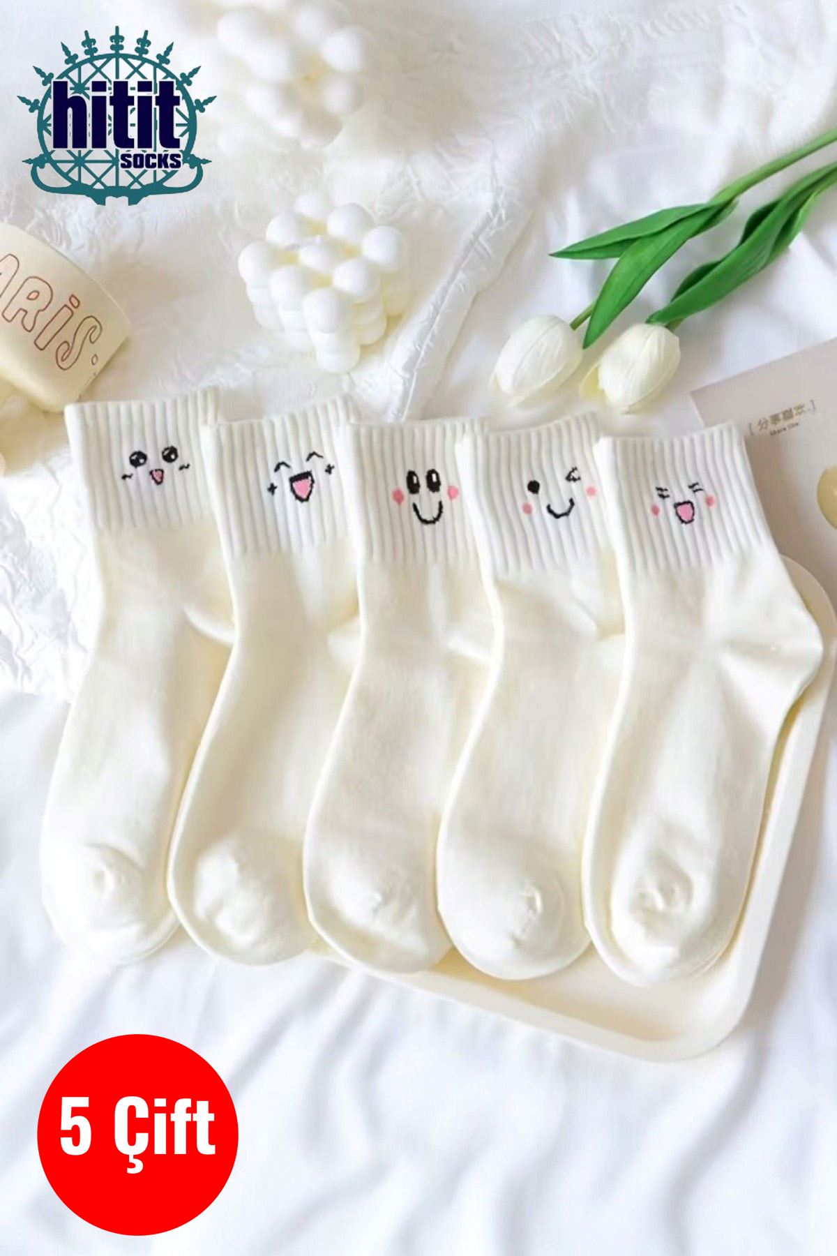 Hitit Socks Kadın 5 Çift Premium Desenli Emojili ve Gülen Suratlı Uzun Konç Soket Çorap 